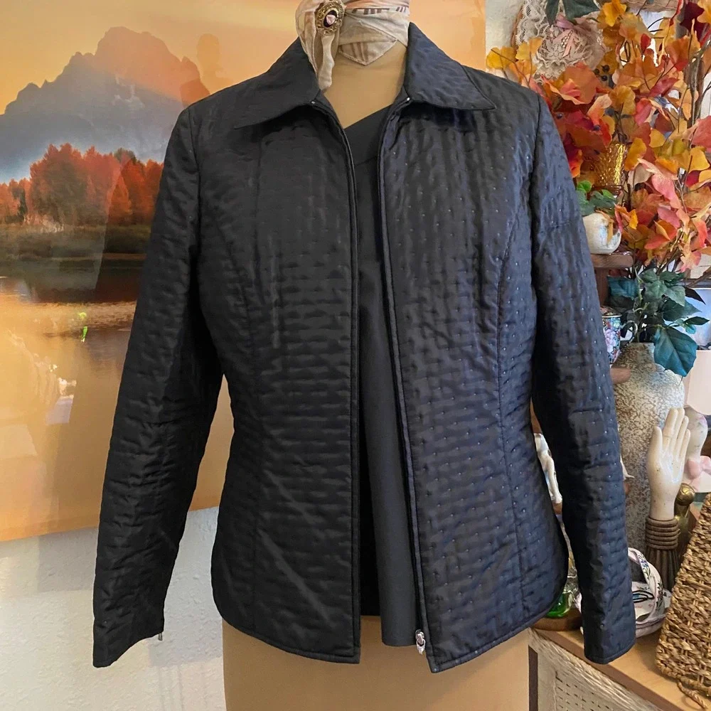 Talbots Quilted Jacket Vintage Dark Academia Outerwear Women 8 Black Zip Up